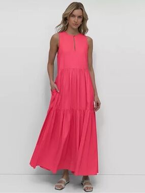 NEW! DKNY Keyhole Crewneck Tiered Maxi Dress Size XS in Coral Crush